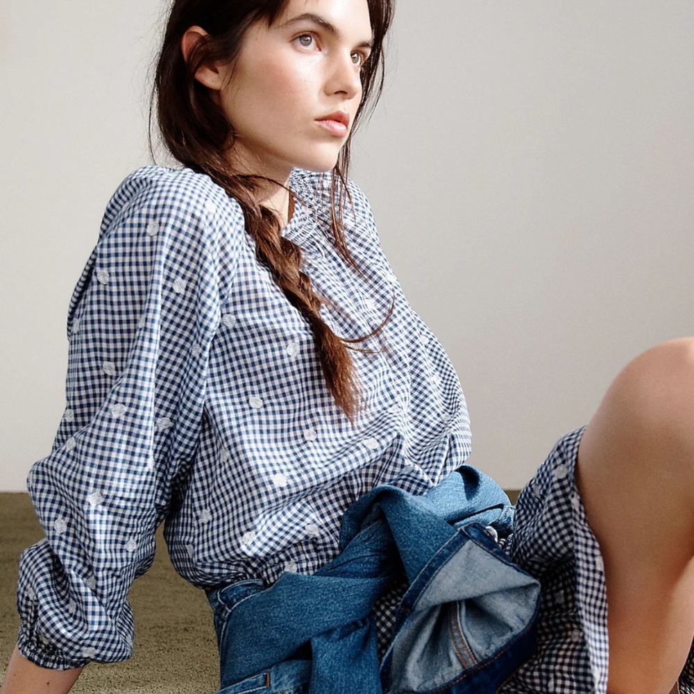 MADEWELL Embroidered Button-Back Shirt AND Skirt in Gingham Check XS
